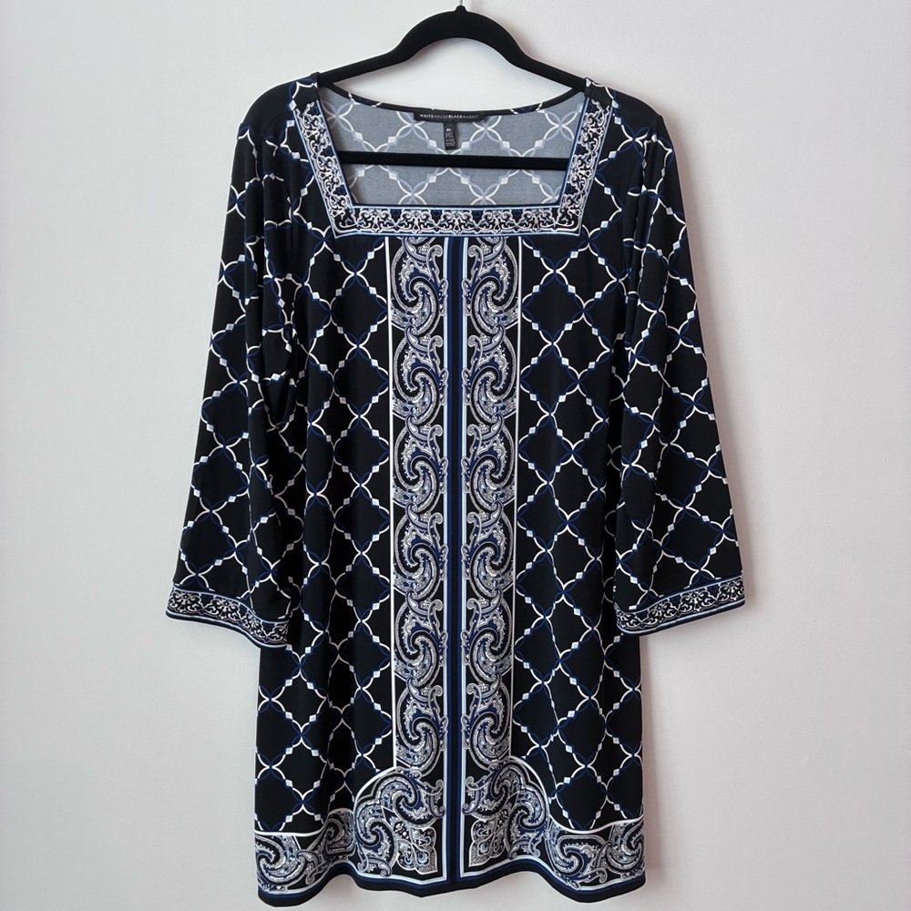 NWOT White House Black Market Graphic Black and White and Blue Tunic